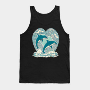 Blue Dolphins in Heart Shape Tank Top
