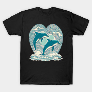 Blue Dolphins in Heart Shape T-Shirt