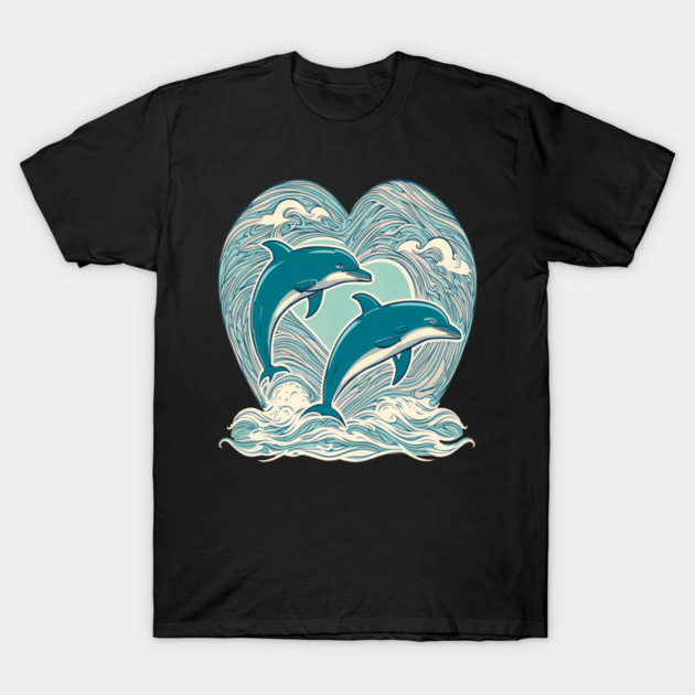 Blue Dolphins in Heart Shape T-Shirt by BirdsnStuff