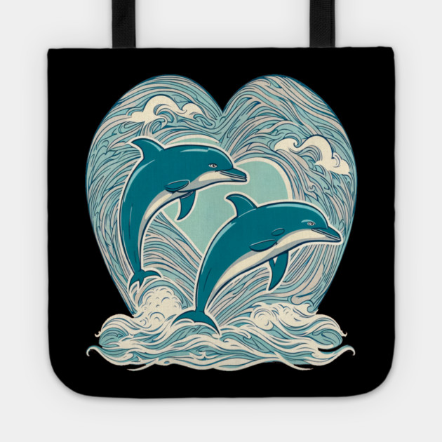 Blue Dolphins in Heart Shape Tote by BirdsnStuff