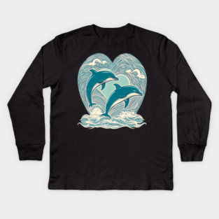 Blue Dolphins in Heart Shape Kids Long Sleeve T-Shirt