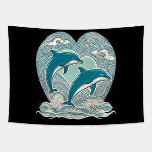 Blue Dolphins in Heart Shape Tapestry
