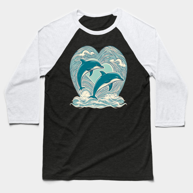 Blue Dolphins in Heart Shape Baseball T-Shirt by BirdsnStuff