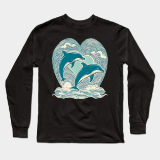 Blue Dolphins in Heart Shape Long Sleeve T-Shirt