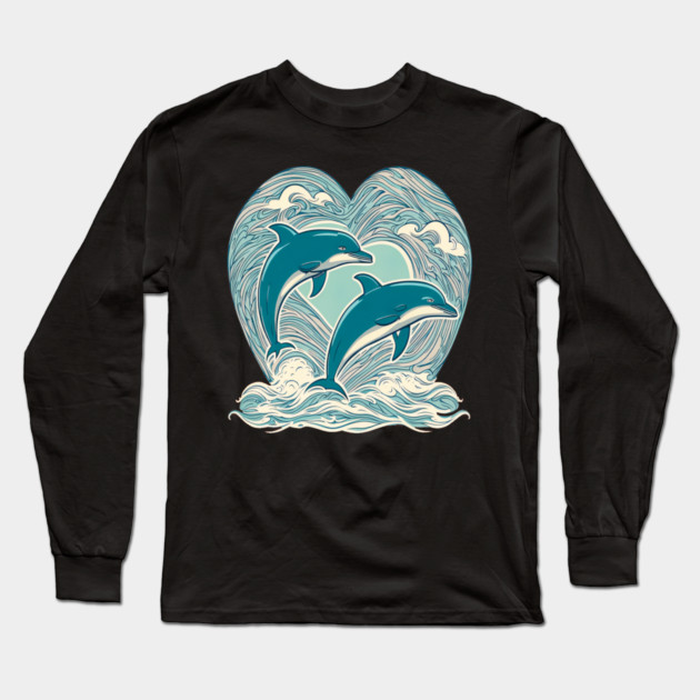 Blue Dolphins in Heart Shape Long Sleeve T-Shirt by BirdsnStuff
