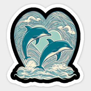 Blue Dolphins in Heart Shape Sticker