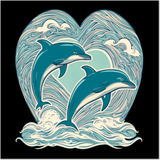 Blue Dolphins in Heart Shape Posters and Art
