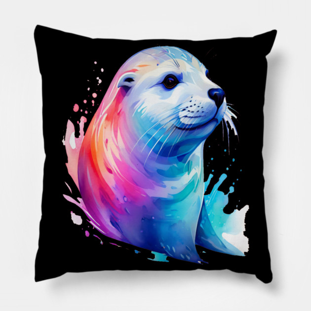 Cute Sea Seal in watercolor Pillow by BirdsnStuff