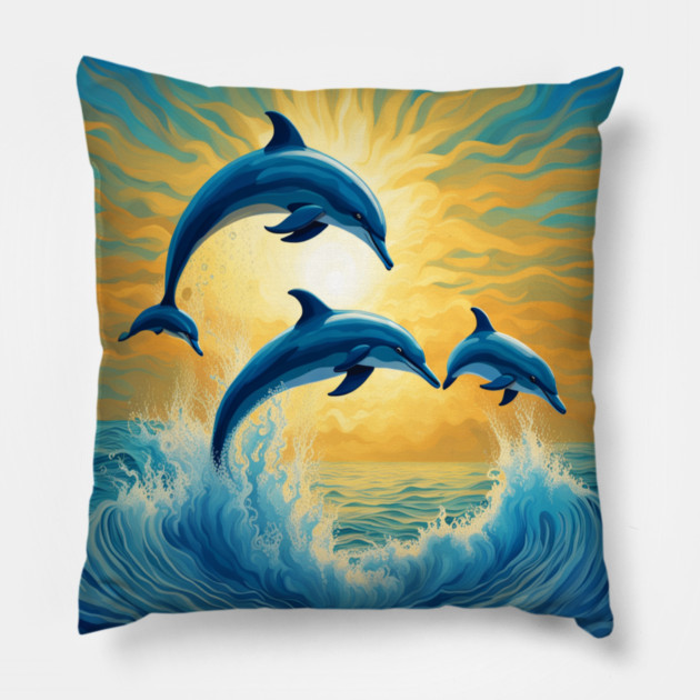 Jumping Dolphins Watercolor Pillow by BirdsnStuff