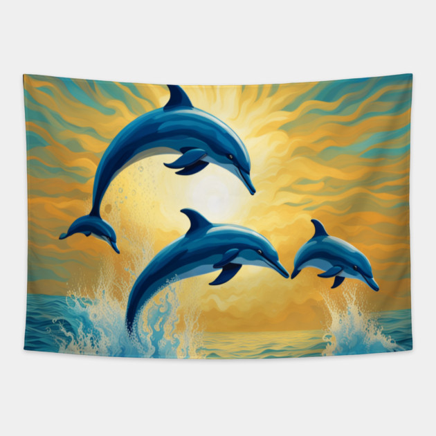Jumping Dolphins Watercolor Tapestry by BirdsnStuff
