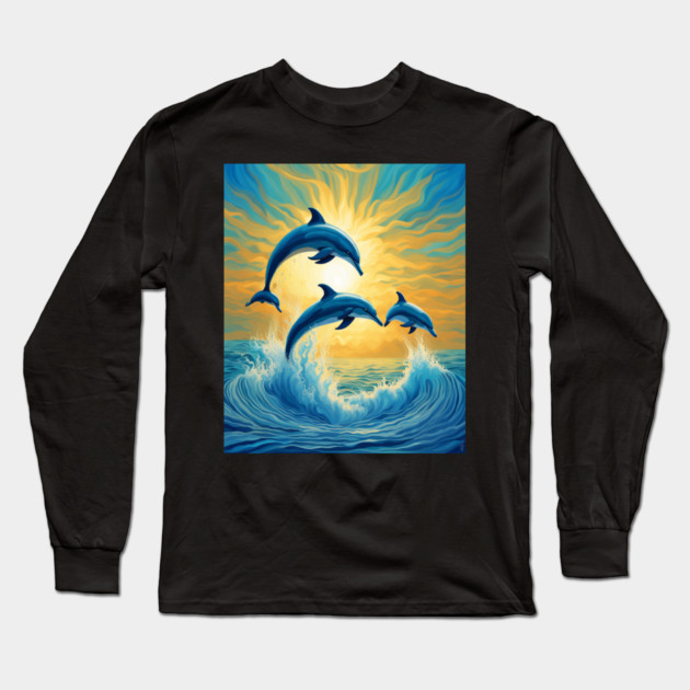 Jumping Dolphins Watercolor Long Sleeve T-Shirt by BirdsnStuff