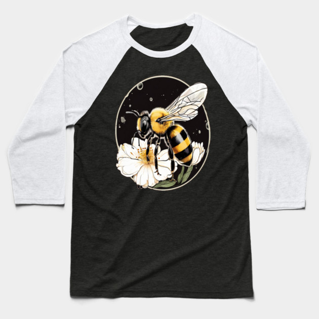 Bumble Bee on a Flower in a Bubble Baseball T-Shirt by BirdsnStuff