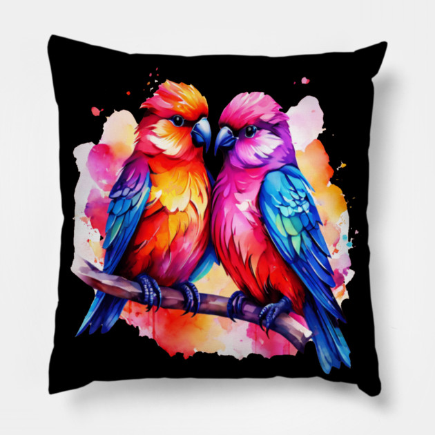 Cute Colorful Love Birds Pillow by BirdsnStuff