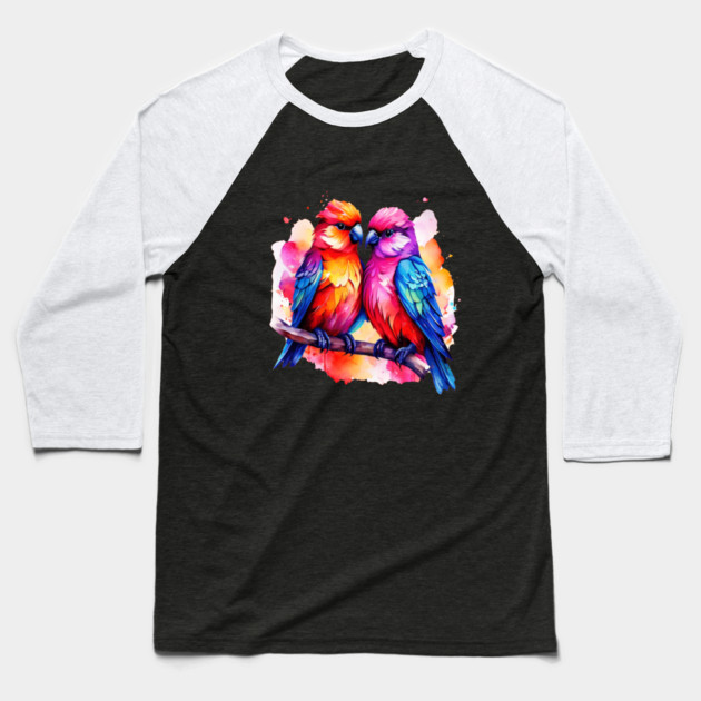 Cute Colorful Love Birds Baseball T-Shirt by BirdsnStuff