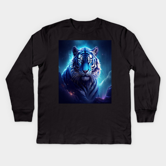 Blue Fantasy Tiger Kids Long Sleeve T-Shirt by BirdsnStuff