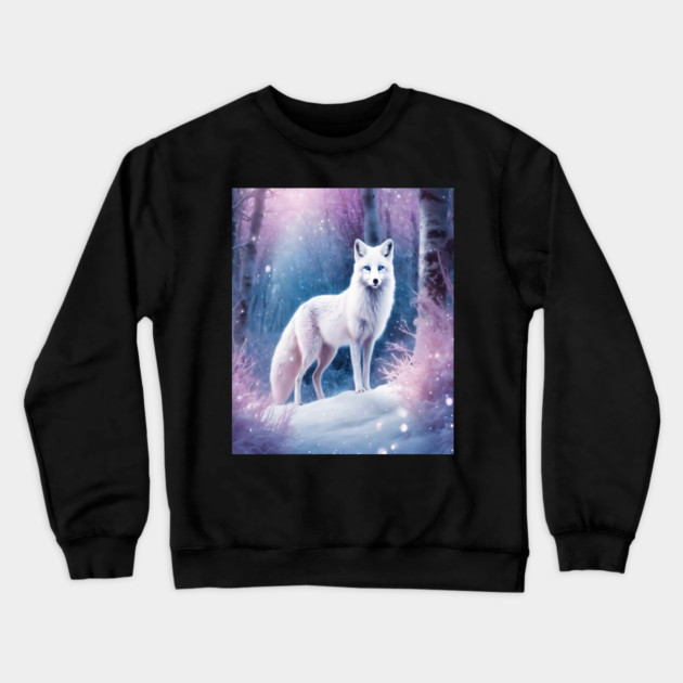 White Fox in Pink Forest Crewneck Sweatshirt by BirdsnStuff