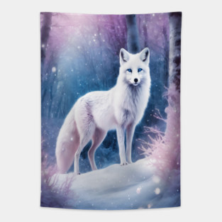 White Fox in Pink Forest Tapestry