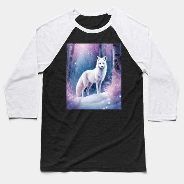 White Fox in Pink Forest Baseball T-Shirt by BirdsnStuff