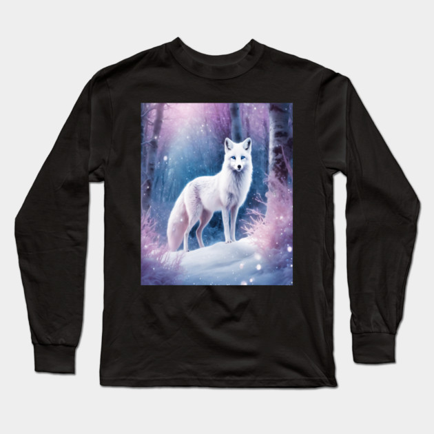 White Fox in Pink Forest Long Sleeve T-Shirt by BirdsnStuff