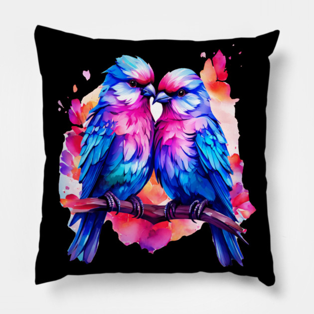 Cute Colorful Love Birds Pillow by BirdsnStuff