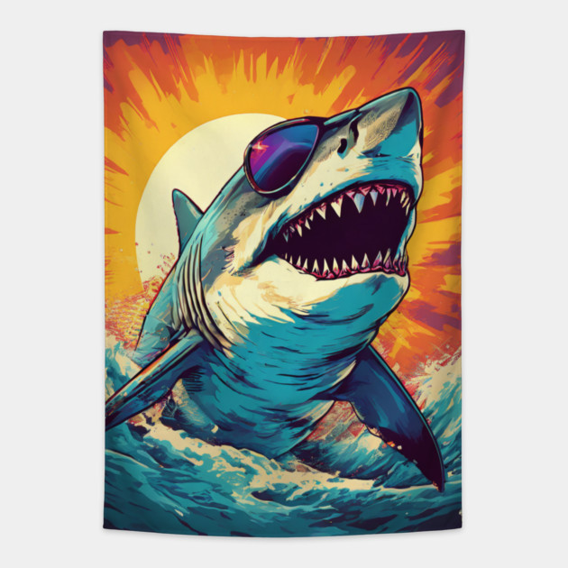 Giant Shark Wearing Sunglasses Tapestry by BirdsnStuff