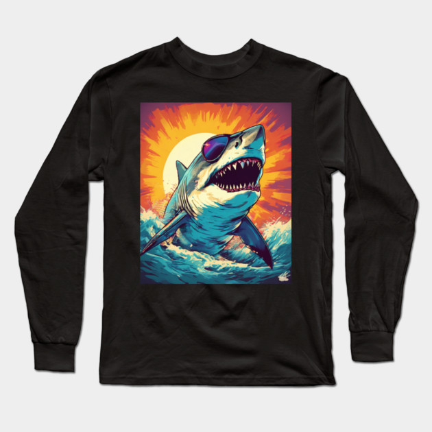 Giant Shark Wearing Sunglasses Long Sleeve T-Shirt by BirdsnStuff