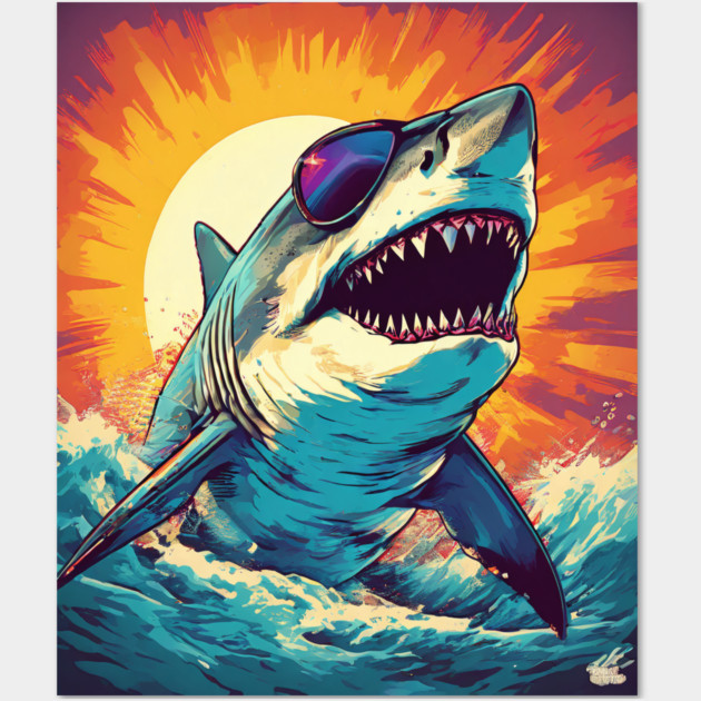 Giant Shark Wearing Sunglasses Wall Art by BirdsnStuff
