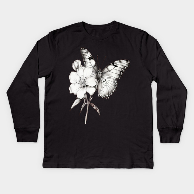 Black and White Butterfly Kids Long Sleeve T-Shirt by BirdsnStuff