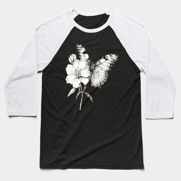 Black and White Butterfly Baseball T-Shirt by BirdsnStuff