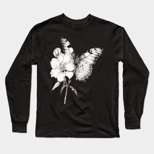Black and White Butterfly Long Sleeve T-Shirt by BirdsnStuff