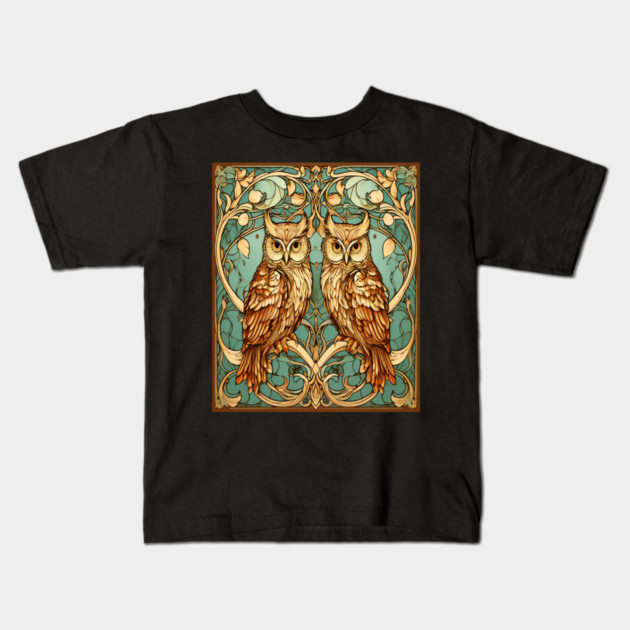 Owls in Nouveau Style Art Kids T-Shirt by BirdsnStuff