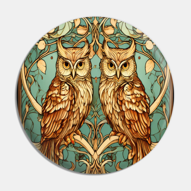 Owls in Nouveau Style Art Pin by BirdsnStuff
