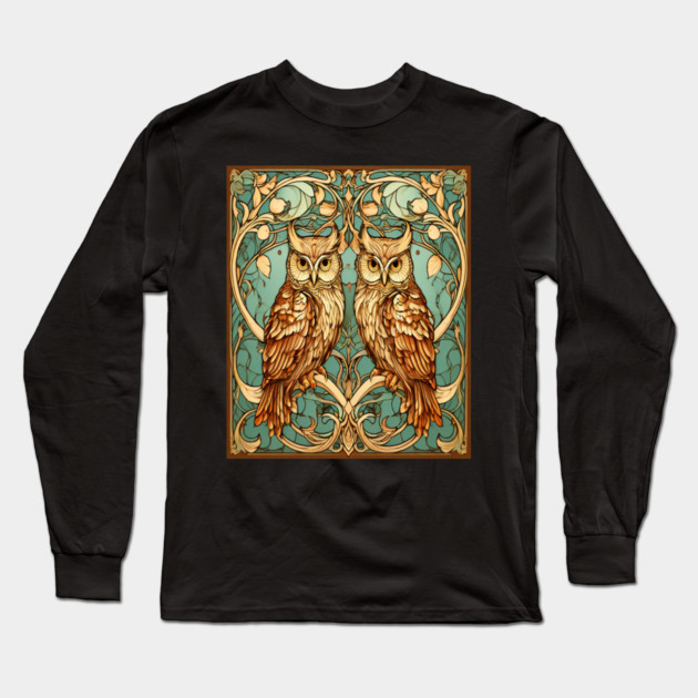 Owls in Nouveau Style Art Long Sleeve T-Shirt by BirdsnStuff