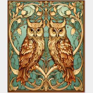 Owls in Nouveau Style Art Posters and Art