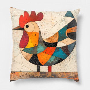 Chicken - Cubist Style Retro Colorful Abstract Design Pillow