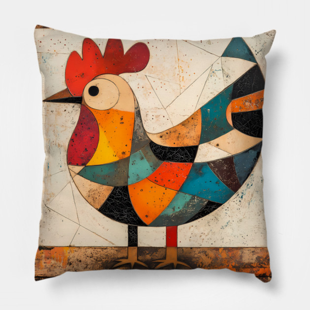 Chicken - Cubist Style Retro Colorful Abstract Design Pillow by TuncGK