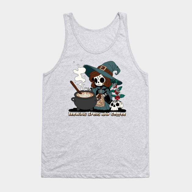 Witch Brewing up Spells and Coffee Tank Top by H. R. Sinclair