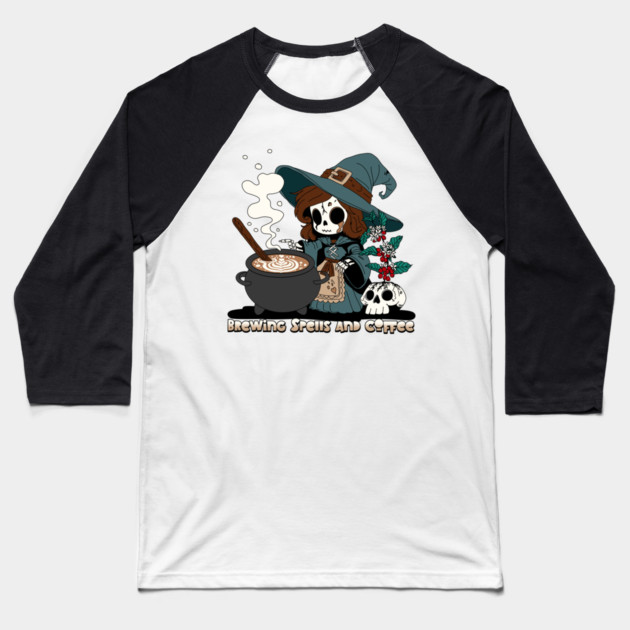 Witch Brewing up Spells and Coffee Baseball T-Shirt by H. R. Sinclair