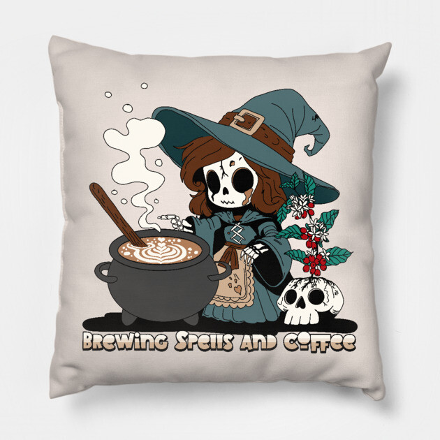 Witch Brewing up Spells and Coffee Pillow by H. R. Sinclair
