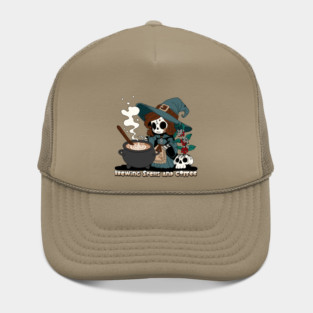 Witch Brewing up Spells and Coffee Hat