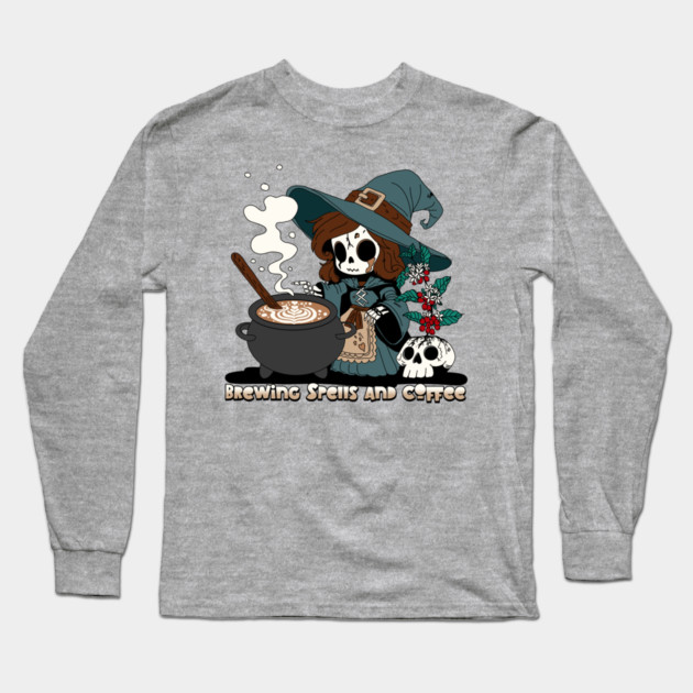 Witch Brewing up Spells and Coffee Long Sleeve T-Shirt by H. R. Sinclair