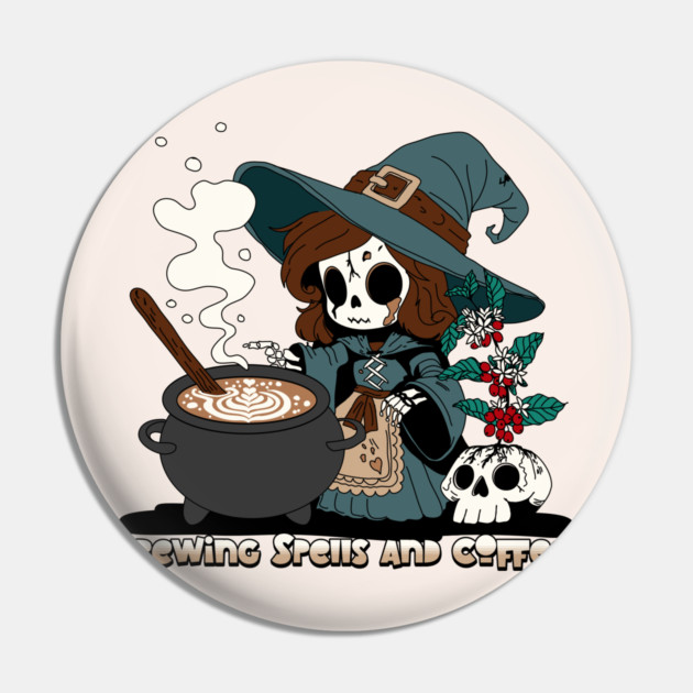 Witch Brewing up Spells and Coffee Pin by H. R. Sinclair