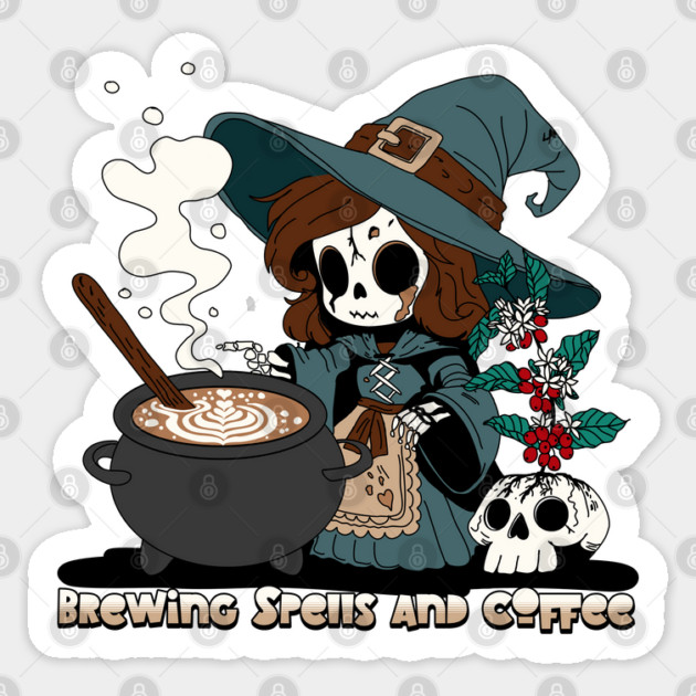 Witch Brewing up Spells and Coffee Sticker by H. R. Sinclair