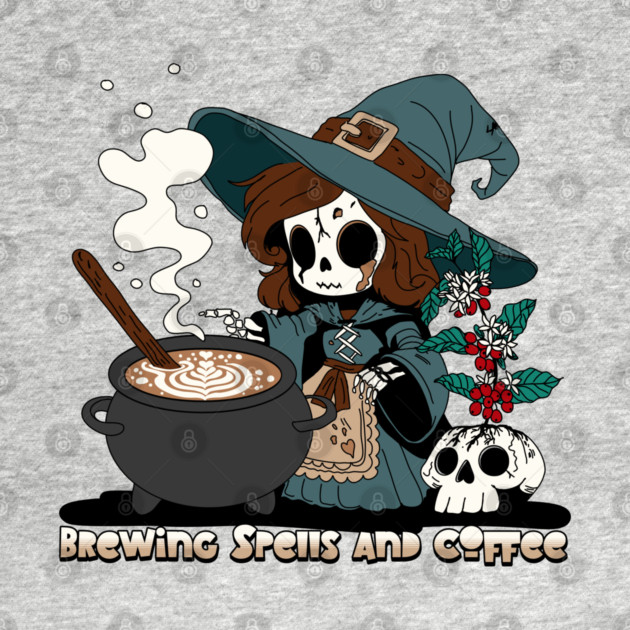 Witch Brewing up Spells and Coffee by H. R. Sinclair