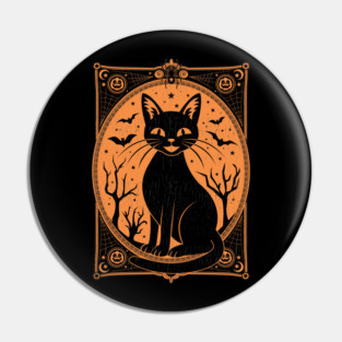 Retro Style Black Halloween Cat with Ornate Frame Pin