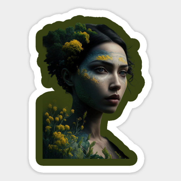 Angel Forest, head is adorned with green foliage and yellow flowers Sticker by animegirlnft