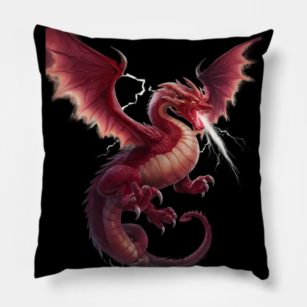 Red Dragon with Expansive Wings, Sharp Claws, and Scales Pillow by animegirlnft