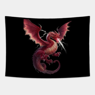 Red Dragon with Expansive Wings, Sharp Claws, and Scales Tapestry