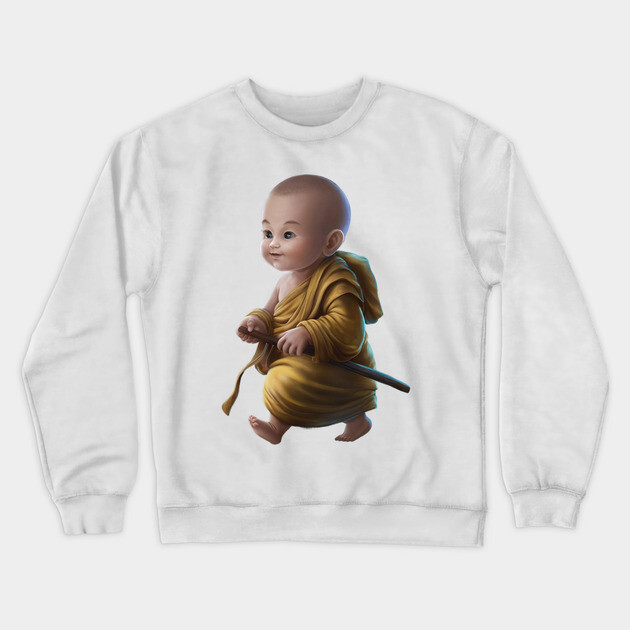 Baby with a Pixelated area Over the Face, Dressed in Traditional Monk Attire with a staff in Hand Crewneck Sweatshirt by animegirlnft