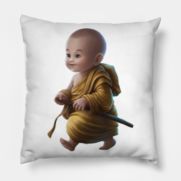 Baby with a Pixelated area Over the Face, Dressed in Traditional Monk Attire with a staff in Hand Pillow by animegirlnft